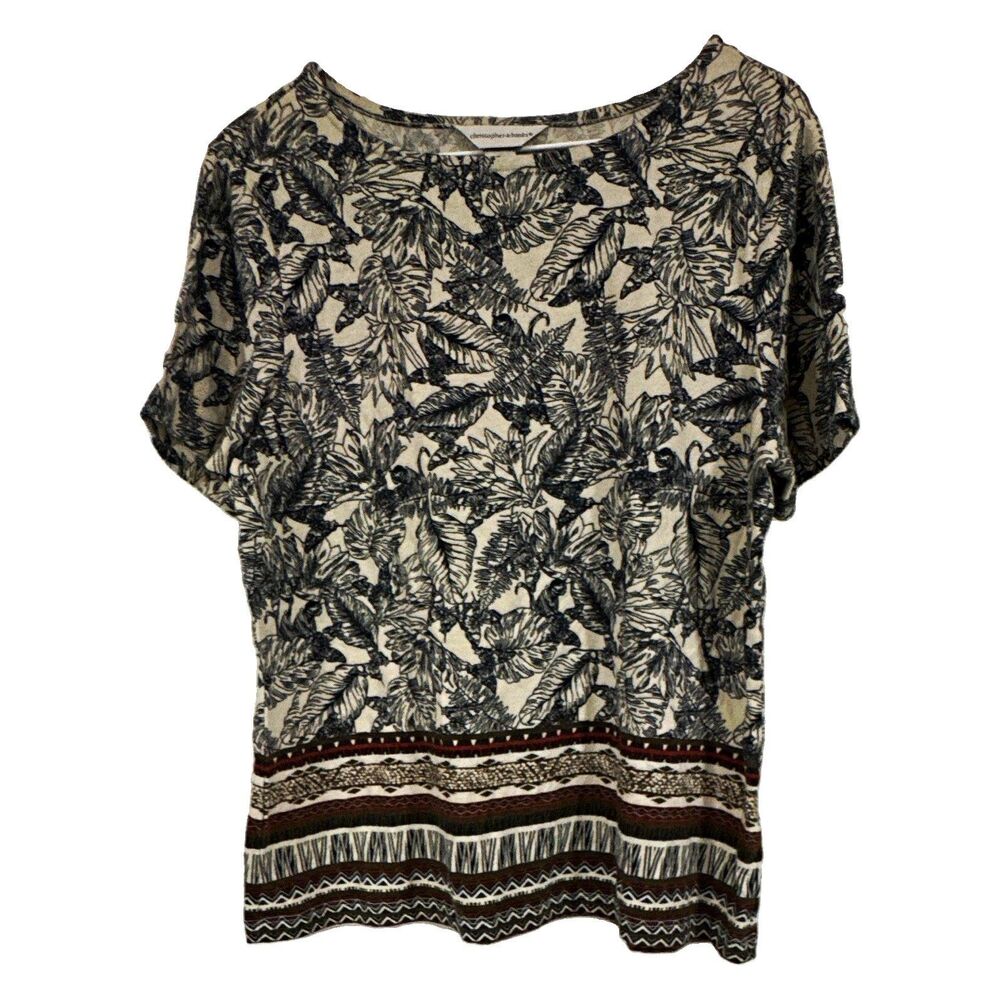Christopher & Banks Womens L Floral Print Knit Pullover T-Shirt Round Neck
